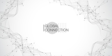 Obraz premium Global network connection banner design template idea. Header social network communication in the global business concept. Internet technology. Big data visualization. Vector illustration