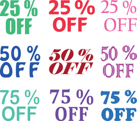 Set of colorful discount offers text 25%, 50% and 75% discount vector illustration.
