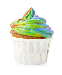 One delicious cupcake with colorful cream isolated on white