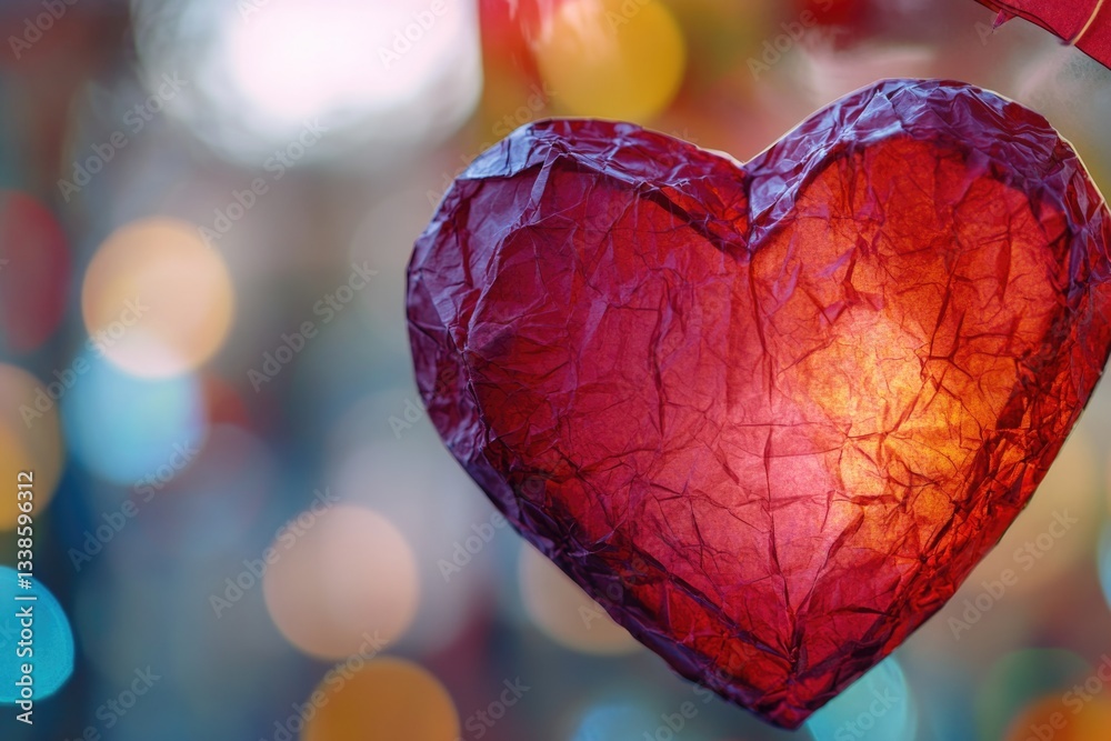 Poster a bright red paper heart hangs from a string, perfect for valentine's day or everyday use