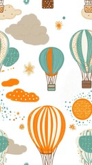 A whical seamless pattern featu vibrant hot air balloons soa through a pastel sky adorned with fluffy clouds and sparkling stars perfect for textile design or cheerful