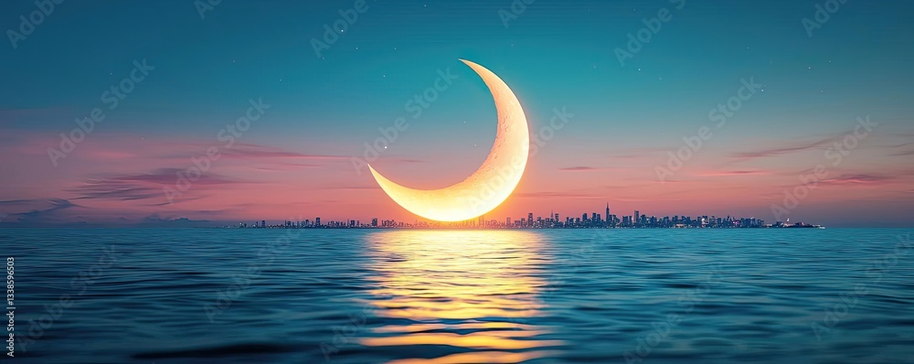 Poster Negative space design abstract background concept. A serene landscape featuring a crescent moon over calm waters at twilight.