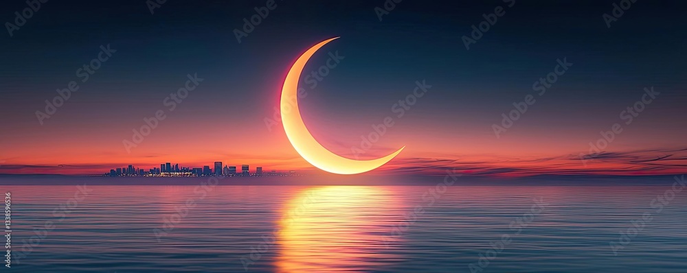 Poster negative space design abstract background concept. a serene sunset over a calm sea featuring a cresc