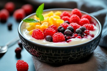 A bowl filled with creamy yogurt is topped with bright raspberries, blackberries, and mango. Fresh mint leaves add a touch of green while the dark table enhances the colors