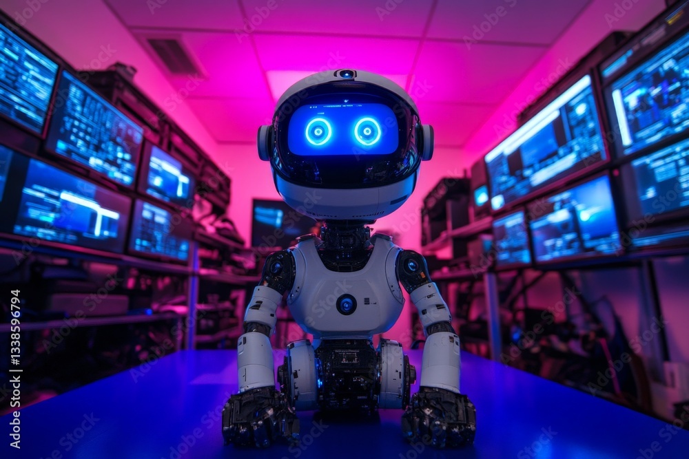 Aufkleber Advanced humanoid robot in a tech lab with vibrant lighting and multiple screens displaying data
