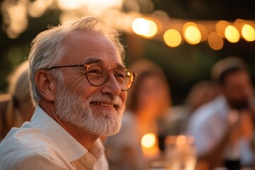 Joyful gathering of friends during sunset with warm lights and smiles