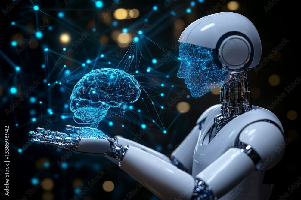 Aufkleber robotic figure holding a glowing digital brain in a futuristic setting, reflecting innovation and te