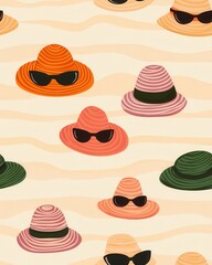 A vibrant summer beach pattern features colorful straw hats and retro sunglasses resting on a sandy textured background ideal for fashion textile designs and summer themed