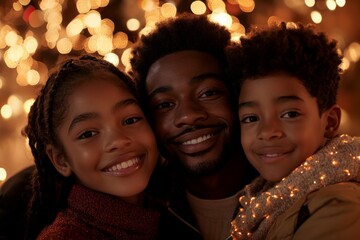Obraz premium Family celebration with children during holiday season among twinkling lights in a cozy atmosphere
