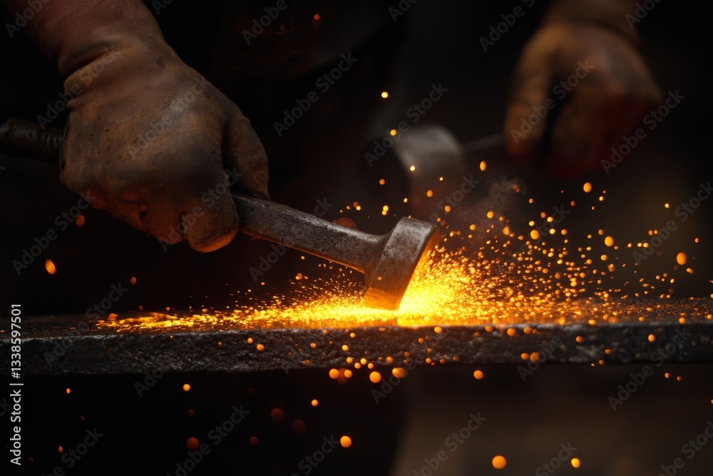 Poster blacksmith shaping metal in a workshop during the evening, creating sparks and heat with each strike