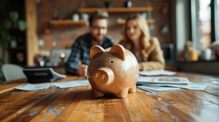 Couple discussing family budget plans with a piggy bank on their table