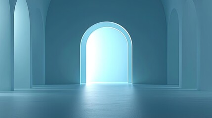 Surrealist art abstract background concept. A serene blue room with an illuminated archway, inviting calm and contemplation.