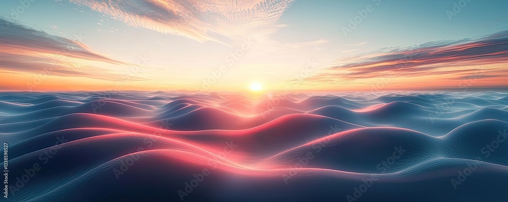 Poster Sunset landscape abstract background idea. A serene sunset over rolling waves, creating a tranquil ocean landscape.