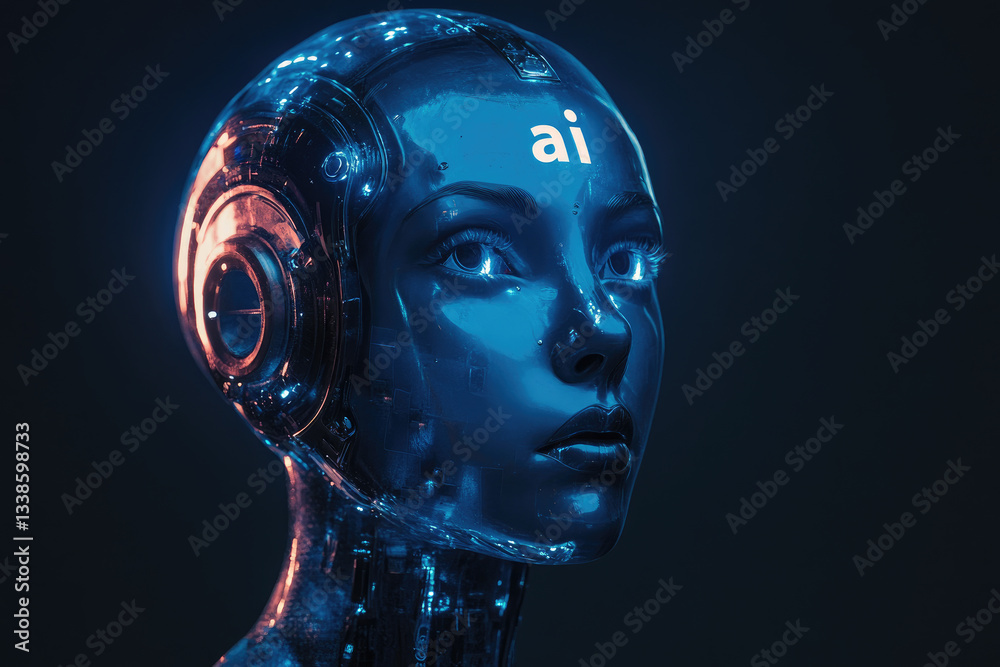 Poster cybernetic ai humanoid robot with futuristic mechanical face,artificial intelligence interface. conc