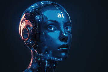 Obraz premium cybernetic AI humanoid robot with futuristic mechanical face,artificial intelligence interface. Concept of robotics, machine learning,advanced cybernetics.copy space,banner.