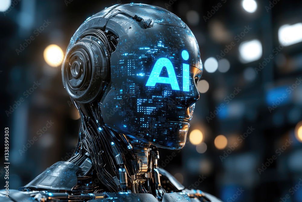 Poster cybernetic ai humanoid robot with futuristic mechanical face,artificial intelligence interface. conc