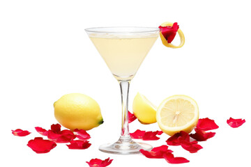 Refreshing cocktail with lemon and rose petals on display