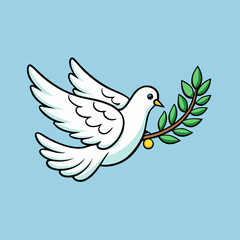 Fototapeta premium a white dove carrying an olive branch in its beak, symbolizing peace and hope. The bird has open wings, showing it's in flight