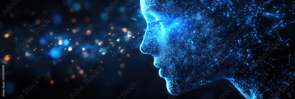 Poster artificial intelligence visualization human head composed of glowing neural network,connected to dig