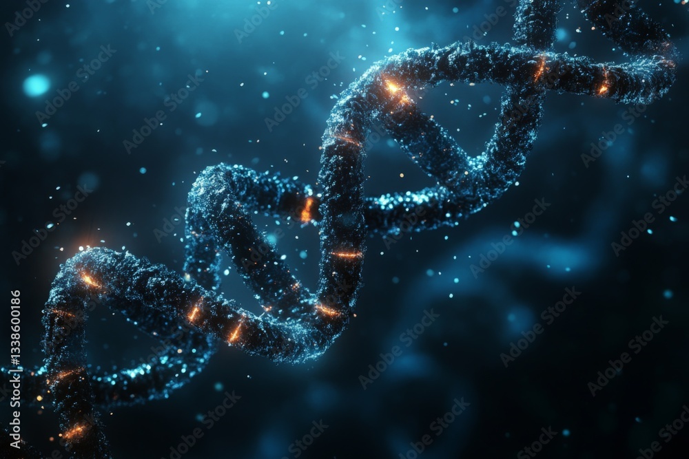 Aufkleber Visual representation of a DNA double helix illuminated in a dark, futuristic setting with glowing particles