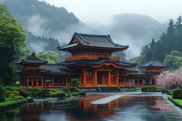 Obraz premium A beautiful oriental temple complex sits near a reflective lake
