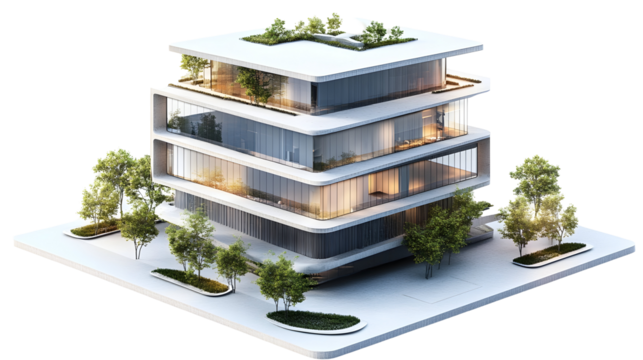 Detailed isometric office building, modern corporate structure, urban city real estate theme, 3D rendered, Transparent Background PNG