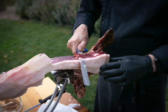 jam&oacute;n, plato, cerdo, comida, rico, salado, sabroso, acci&oacute;n, cortar, jamonero