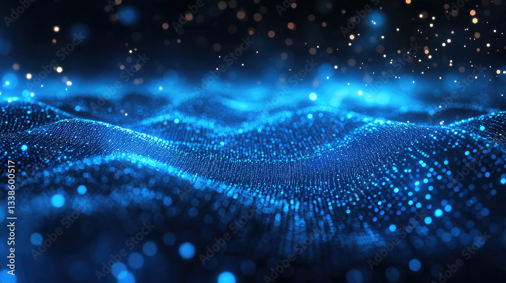 Poster abstract digital landscape composed of dynamic glowing particles,symbolizing big data,artificial int