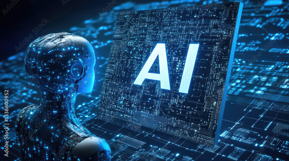 Poster futuristic ai humanoid with a glowing digital head, composed of circuits data patterns,standing in a