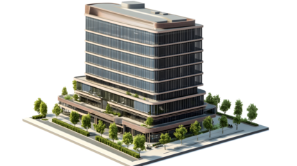 Detailed isometric office building, modern corporate structure, urban city real estate theme, 3D rendered, Transparent Background PNG