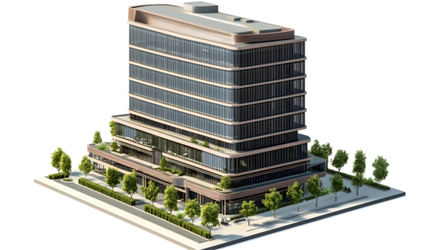 Detailed isometric office building, modern corporate structure, urban city real estate theme, 3D rendered, Transparent Background PNG