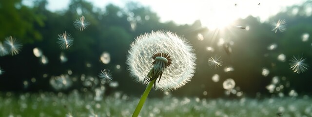 Dandelion Seeds in Sunlight Captured in a Serene Natural Setting