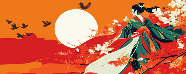 Woman in traditional kimono watching sunset with flying birds in vibrant landscape.