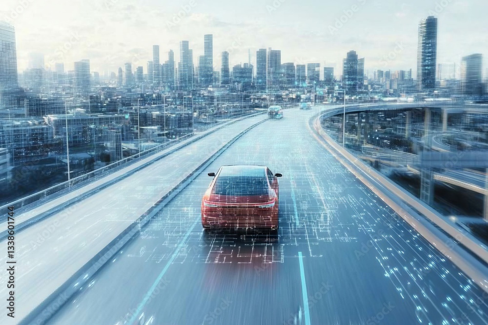 Poster high-tech vehicle navigating a futuristic city highway with digital overlays and modern skyline