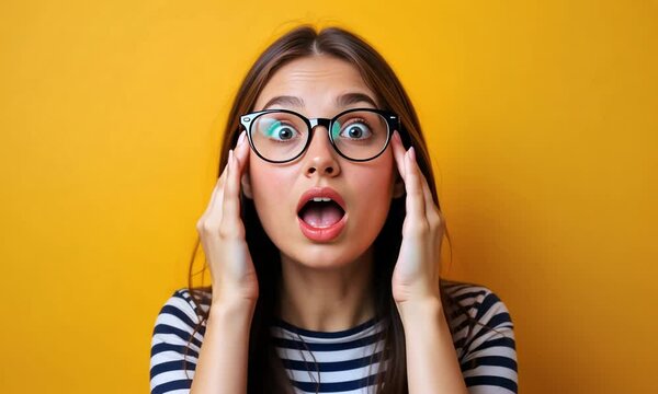 Young woman with glasses expressing shock and surprise with hands on her face against a bright yellow background. Concept of emotions and reaction