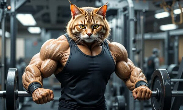 Anthropomorphic muscular cat with fierce expression wearing a black tank top in a gym environment. Concept of strength and surreal fantasy