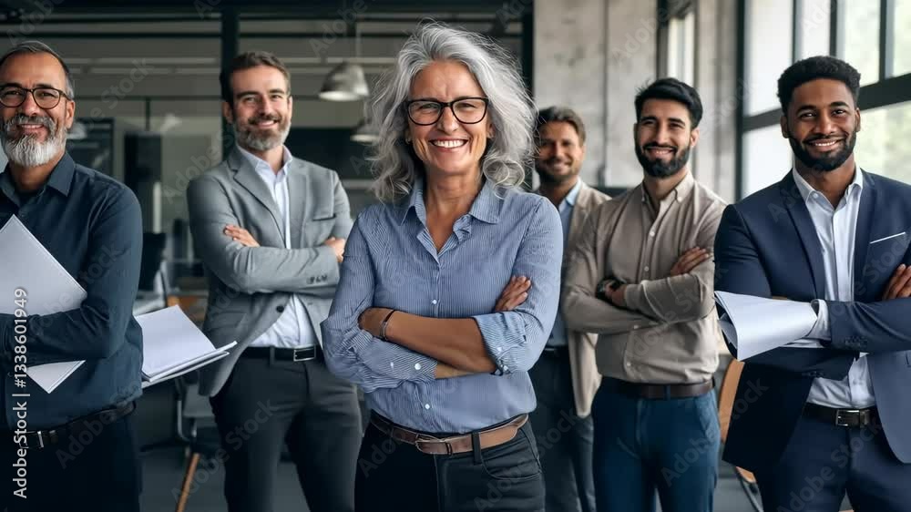 Poster A confident and capable leader skillfully guides a diverse team in a busy modern office environment, exemplifying collaboration while driving innovation in todays evolving business landscape