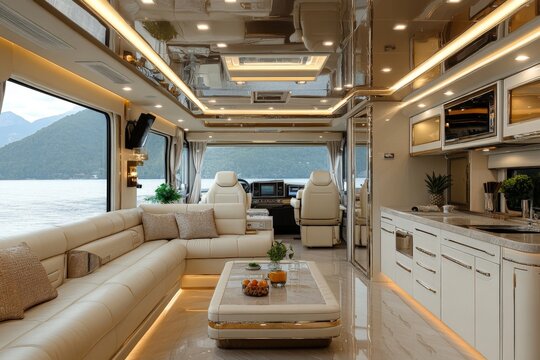 Luxurious motorhome interior featuring modern design and stunning lake view during daytime