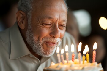 Senior man celebrates birthday blowing out candles on his cake at home