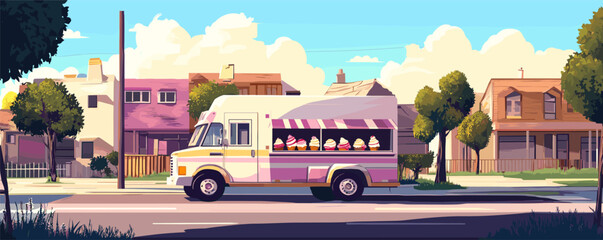 Colorful ice cream truck in suburban neighborhood amidst bright day.
