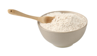 Brown rice flour and spoon in bowl isolated on white