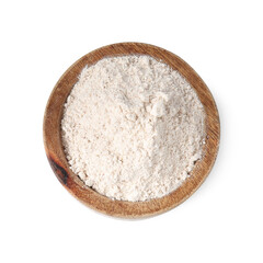 Brown rice flour in bowl isolated on white, top view