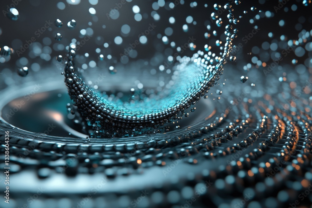 Aufkleber Dynamic water droplets creating mesmerizing patterns in a dark, illuminated environment during a scientific experiment