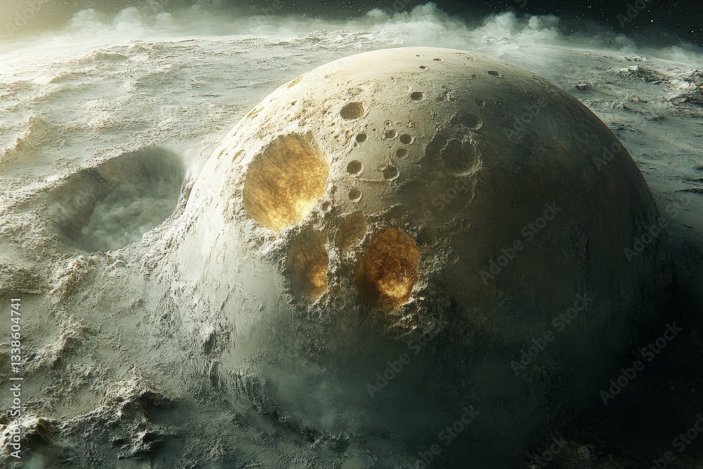 Aufkleber lunar landscape with cratered surface and glowing formations during a celestial event