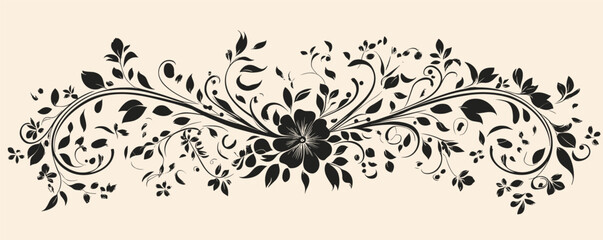 Ornate black floral design with symmetrical swirls and leaves on beige background.