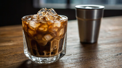 Cold coffee with ice. Glass of cold coffee with cinnamon, close-up.