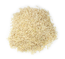 Pile of raw brown rice isolated on white, top view
