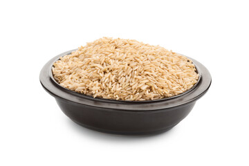 Raw brown rice in bowl isolated on white