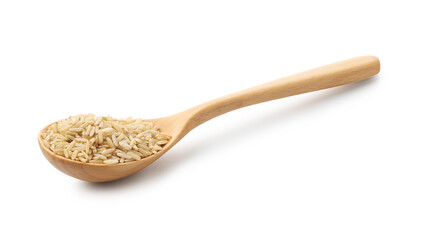 Raw brown rice and spoon isolated on white