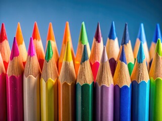 Fototapeta premium Minimalist colored pencil photography: upward-pointing tips showcase vibrant art supplies.